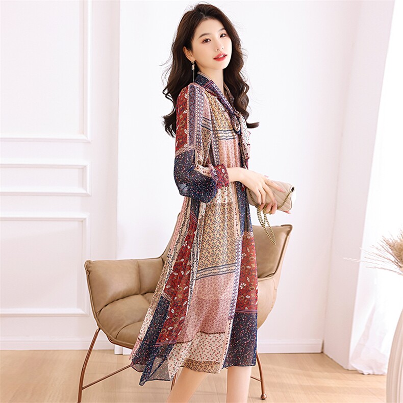 《现货》雪纺碎花连衣裙女长款春夏季新款法式A字减龄收腰中长裙，女装连衣裙，海爱依仁