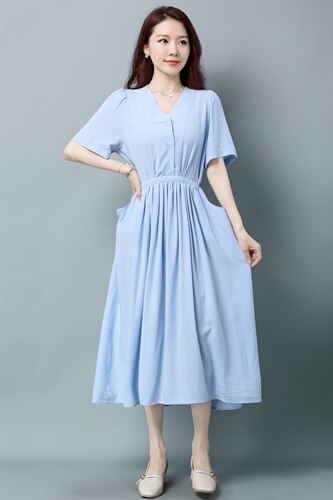 板酷2026夏装新款时尚短袖连衣裙大摆捏褶系带B635，女装连衣裙，板酷