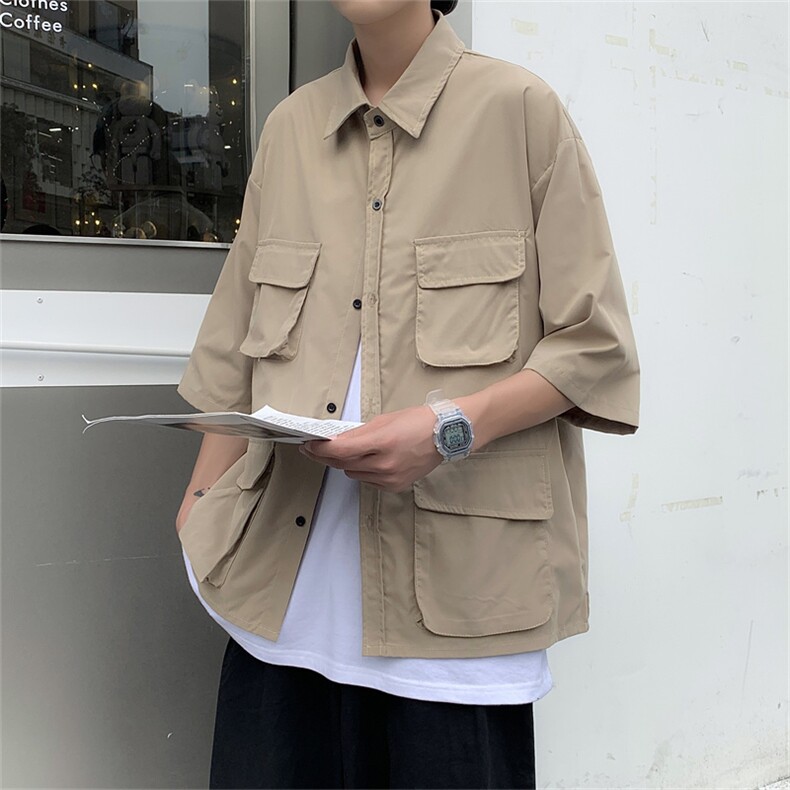 2025夏装多口袋工装短袖衬衫男宽松休闲衬衣C300P40,男装T恤,电商C323