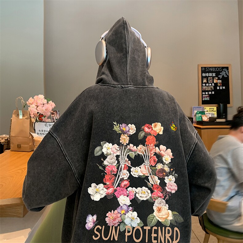 得物抖音高品质二开360克重磅做旧炒雪花纯色连帽水洗卫衣16008,男装卫衣,电商A486