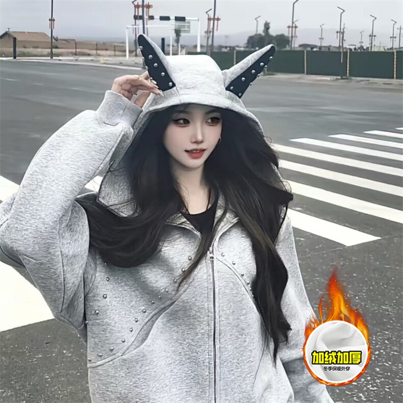 480G重磅加绒硬挺boxy男女美式高街卫衣铆钉杜宾犬耳朵开衫厚外套,女装短外套,电商A486-1