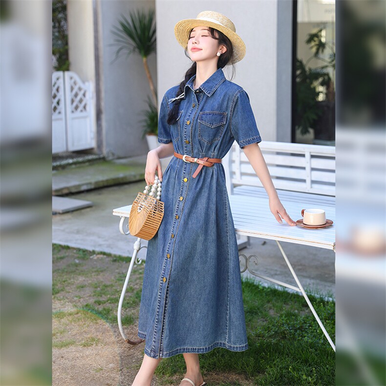 复古翻领短袖牛仔连衣裙女2024年夏季新款简约显瘦单排扣中长裙子,女装连衣裙,江南女神