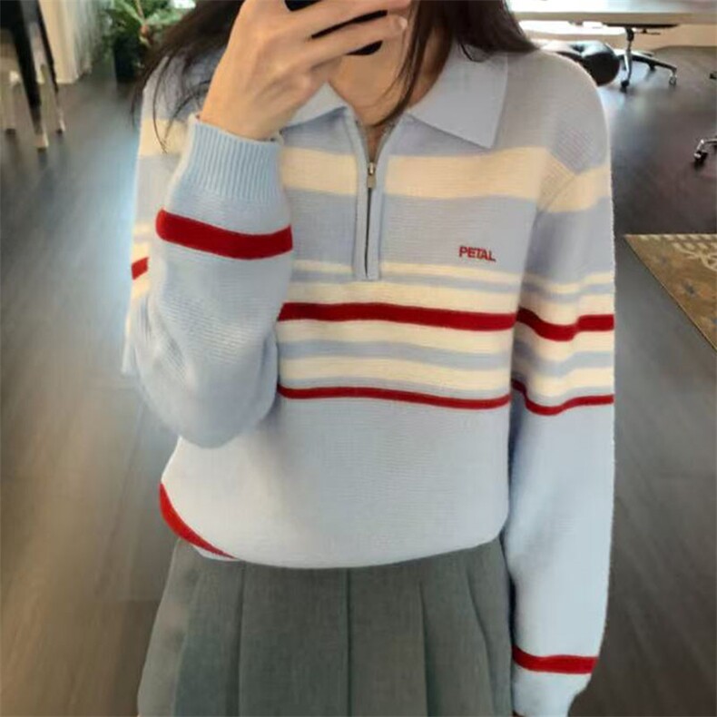 2025年秋季新款百搭女士拼色条纹半拉链针织衫，女装针织衫/毛衣，萱芳婷羊绒