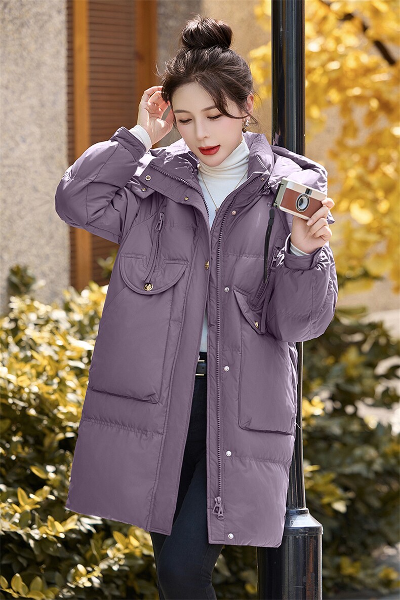 休闲连帽羽绒服女中长款2024冬季新款韩版宽松加厚保暖白鸭绒外套,女装羽绒服,琦鑫阁（原依鑫阁）