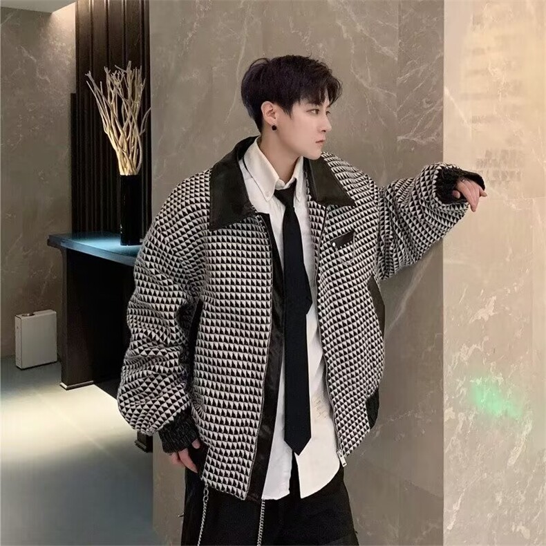 W10471-P73网图现货短款千鸟格外套拉链潮宽松型西装领夹克,男装夹克,星座1608