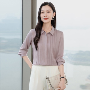 高端纯色真丝衬衫女长袖2026年春装翻领通勤职业OL真丝上衣衬衣图片