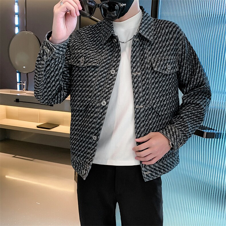 社会小伙牛仔夹克外套男2025新款春季格子上衣A313-18808-P135,男装夹克,电商A313-1