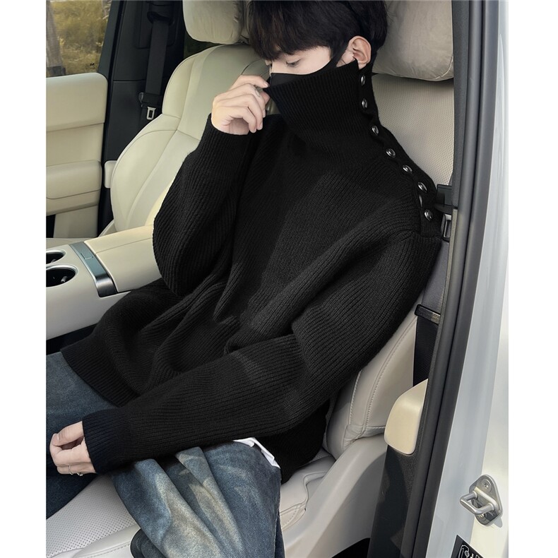 黑墙风8新款潮流纯色高级感简约纽扣高领内搭毛衣针织衫TM09-85，男装针织衫/毛衣，星座1315