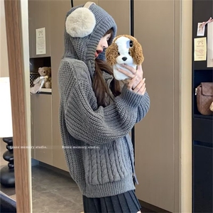姣花纹麻花高克重连帽毛衣男女慵懒高级感针织开衫外套图片