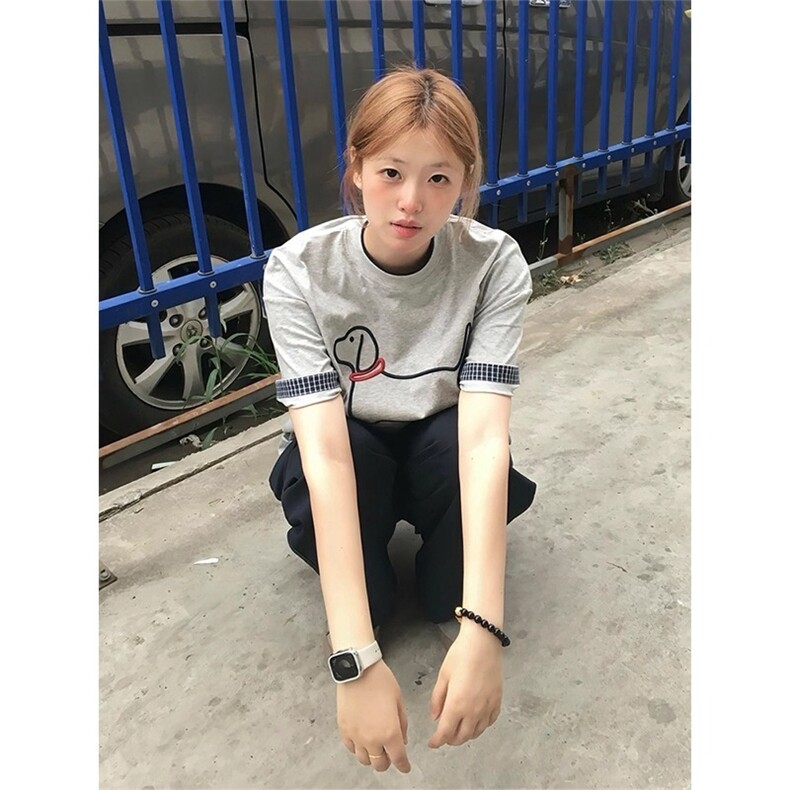 灰色格纹假两件小狗短袖女夏季薄款轻奢高级感t恤宽松情侣五分袖,男装T恤,星座506A