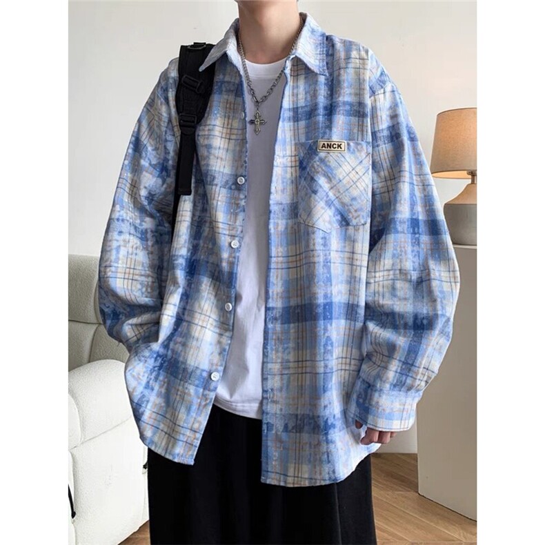 美式复古做旧扎染长袖衬衫男女春秋款情侣衬衣外套CS336-P45,男装衬衫,星座208-5