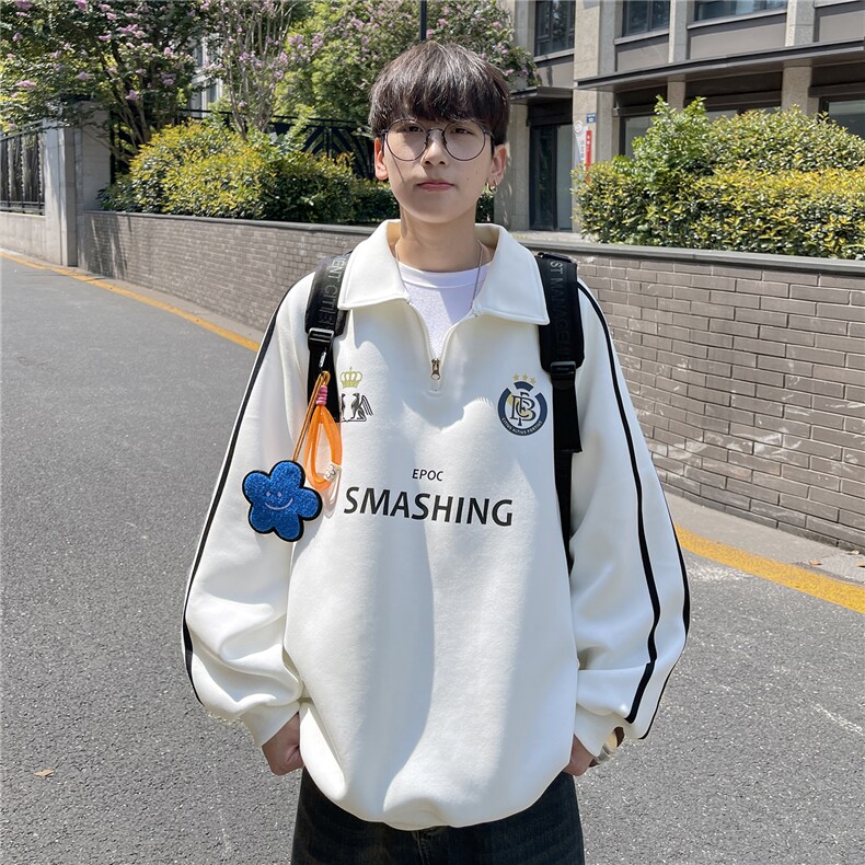 港风秋装美式拼接织带印花情侣卫衣运动翻领外套男女G1060P58,女装短外套,电商A339