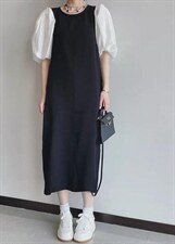 夏季新款欧货洋气拼接泡泡袖连衣裙，女装连衣裙，L·H·X