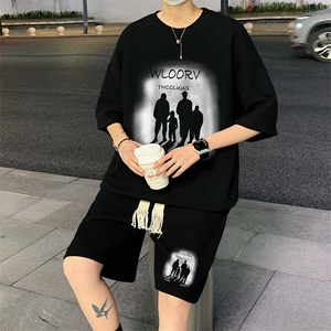套装！夏季华夫格套装男T恤短裤男两件套大码港风TZ50-P50图片