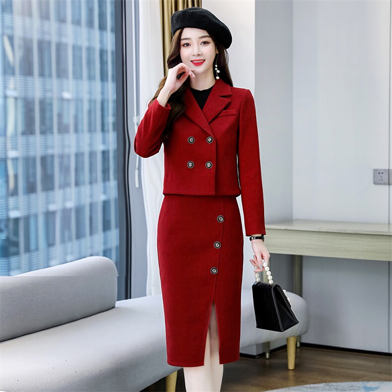 职业毛呢套装女2024春秋新款时尚气质女神范短款西装开叉裙两件套,女装套装/套裙,韩美纤衣