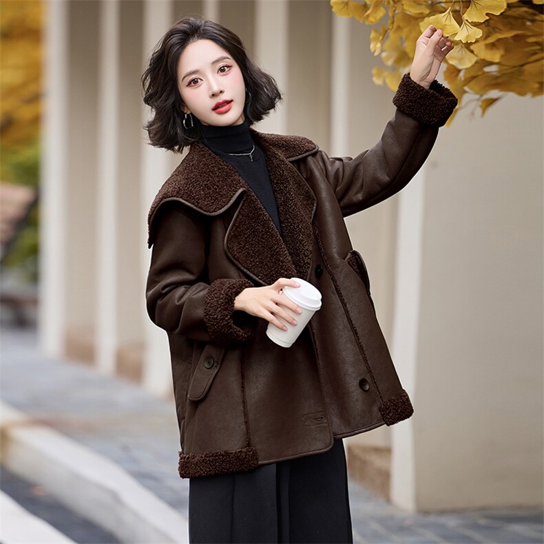 冬天大翻领羊羔毛皮毛一体羊羔绒厚外套女秋冬2024新款高级感,女装皮衣,美拉德工厂直营店