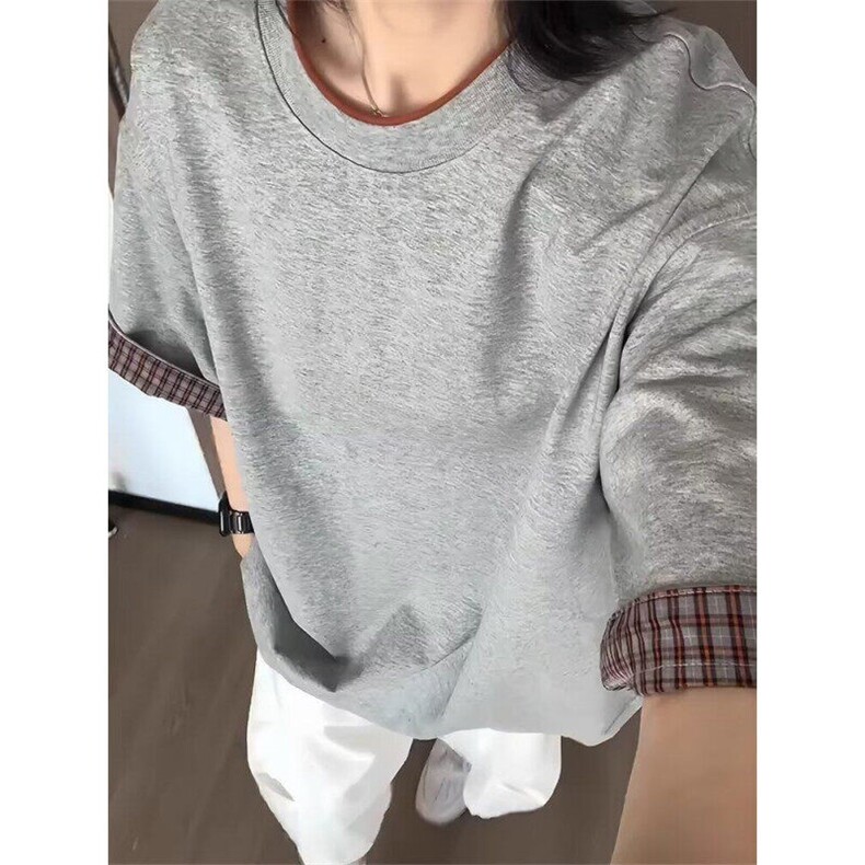 美式复古撞色格子翻边设计短袖tee男女夏季文艺时尚休闲T恤上衣潮,男装T恤,星座601-1