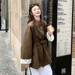 巨好看立领格纹拼接咖色风衣外套女春秋2025新款小个子高级感大衣图片