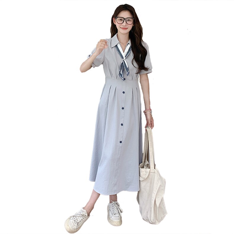 2025年新款韩版学院风polo领丝巾高腰显瘦连衣裙A字裙女,女装连衣裙,2C238