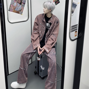 （图）多巴胺粉色刷漆褶皱设计夹克外套牛仔裤套装2628-P150图片