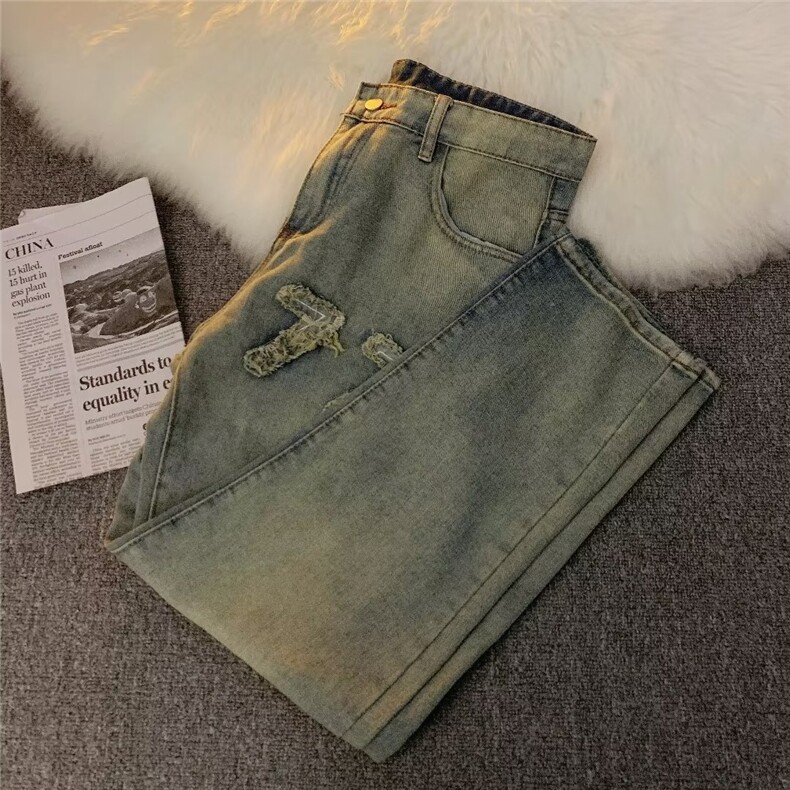 潮牌做旧牛仔裤男美式复古设计感高街嘻哈直筒宽松裤子NK8311-P43,男装牛仔裤,星座1008