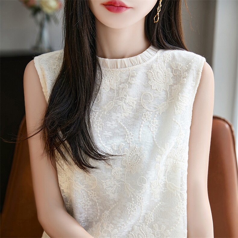 提花休闲蕾丝绣花木耳领无袖背心女高级感针织棉质感气质镂空上衣,女装T恤,臻维羊绒