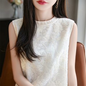 提花休闲蕾丝绣花木耳领无袖背心女高级感针织棉质感气质镂空上衣图片