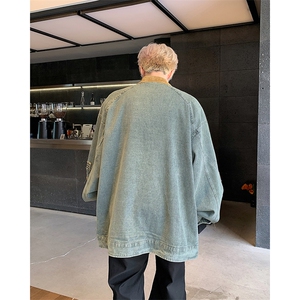 美式潮牌刺绣贴布小众设计水洗做旧春秋立领机车牛仔夹克男女外套图片