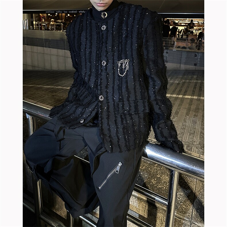 25夜店条纹闪片胸针短款垫肩小香风流苏毛边外套XXF16-P168，男装毛呢大衣，电商B288