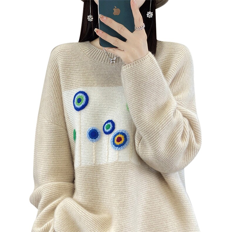 100%纯羊毛衫女圆领拼色绣花加厚长袖毛衣宽松慵懒羊绒衫打底上衣,女装羊毛衫,琳华羊绒