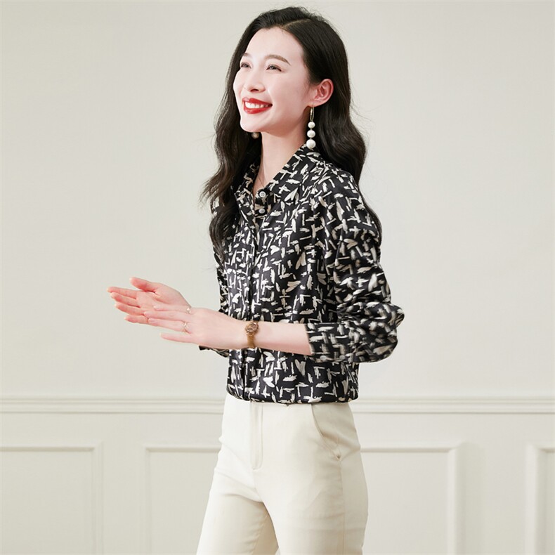 时尚重磅真丝衬衫女士长袖印花春装气质缎面丝绸真丝上衣女衬衣,女装衬衫,阿舍尔精品