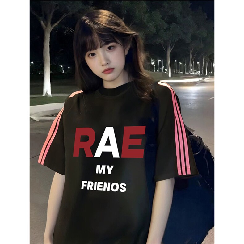抖音得物品质二开240克宽松纯棉美式潮牌印花三条杠中性风短袖T恤图片