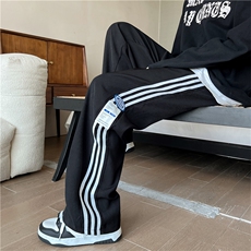 休闲裤男条纹拼色贴标2023秋冬季新款ins宽松百搭阔腿裤K2460-P32，男装休闲裤，星座412