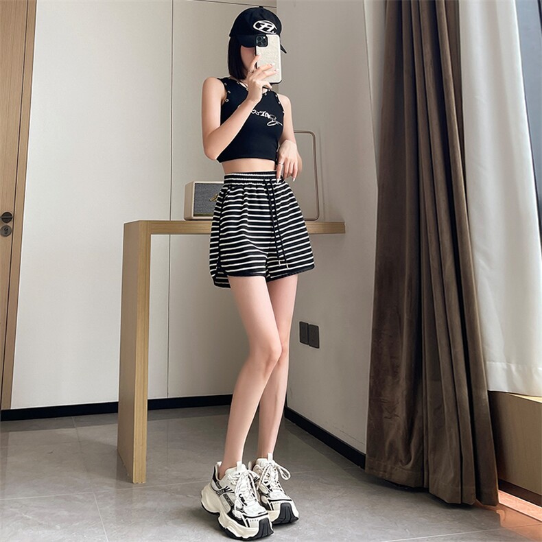 黑白条纹休闲短裤女2024夏季松紧腰抽绳韩版宽松百搭阔腿短裤,女装短裤/热裤,梦白服饰厂