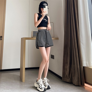 黑白条纹休闲短裤女2024夏季松紧腰抽绳韩版宽松百搭阔腿短裤图片