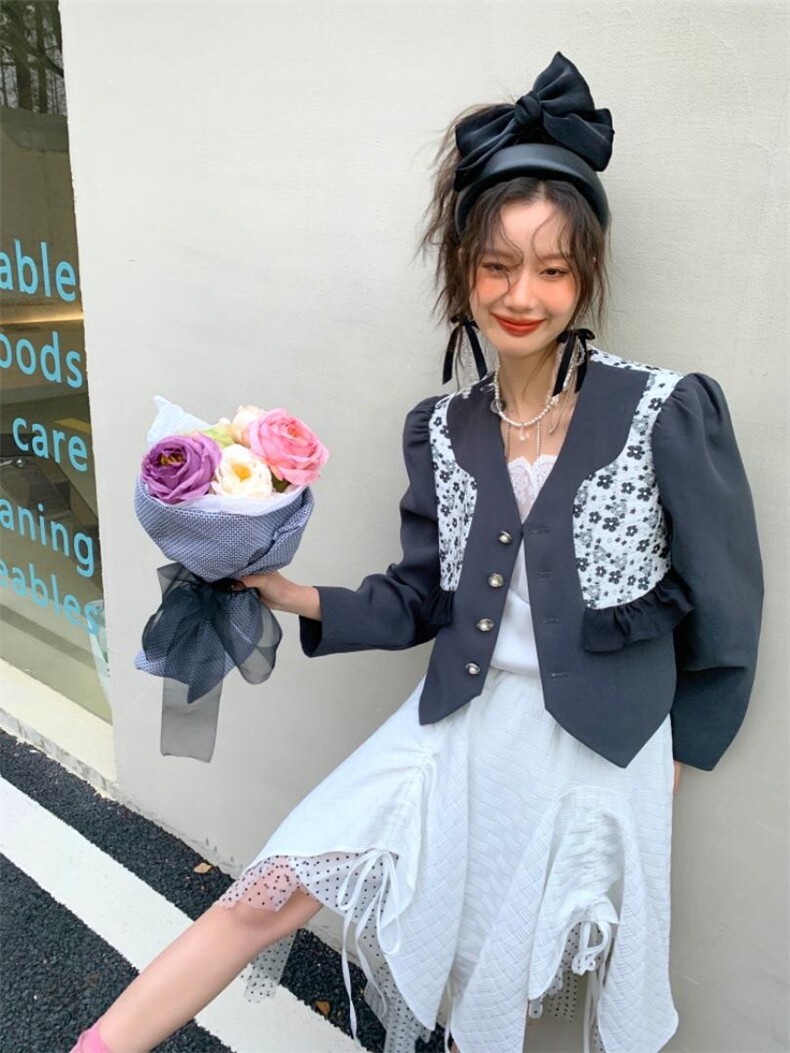 提花拼接灰色短款西装，女装西装，YOUER DENG