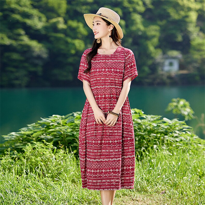 复古名族风印花棉麻连衣裙女2026夏季新款休闲复古文艺风薄款裙子,女装连衣裙,倪叶myz