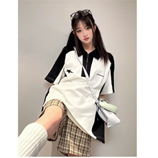 现货美式复古短袖polo衫女夏季宽松t恤情侣拼接上衣PLD2299-P30，男装T恤，星座1008