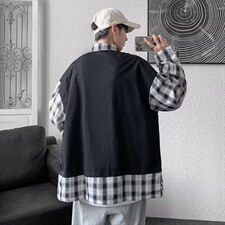 假两件衬衫男长袖春秋潮牌ins格子拼接工装衬衣LC17P45，男装衬衫，星座1116-2