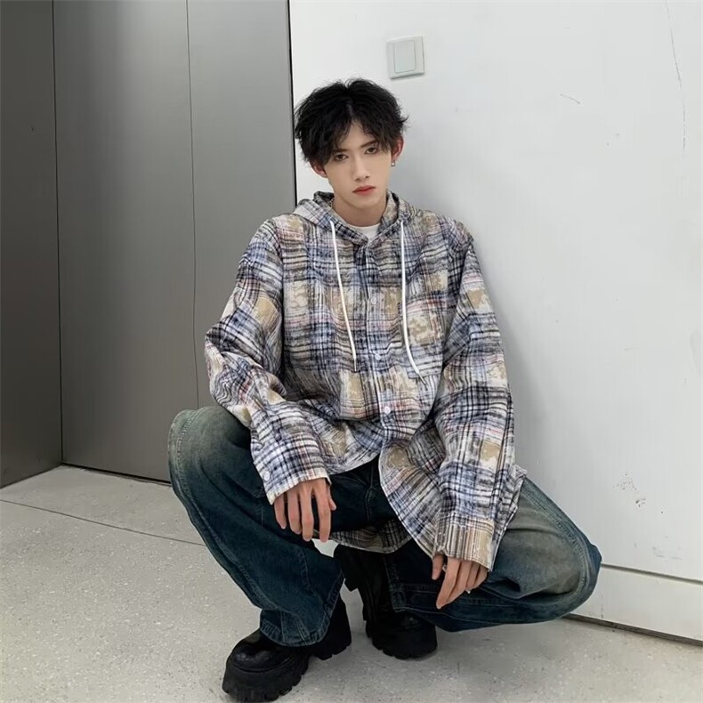 高品质全棉复古上衣设计感小众衬衣外套扎染格子连帽衬衫C162p55,男装衬衫,星座1013