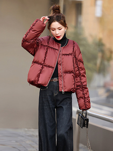 超好看圆领木耳花边短款羽绒服女2025冬季小个子白鸭绒面包服外套图片