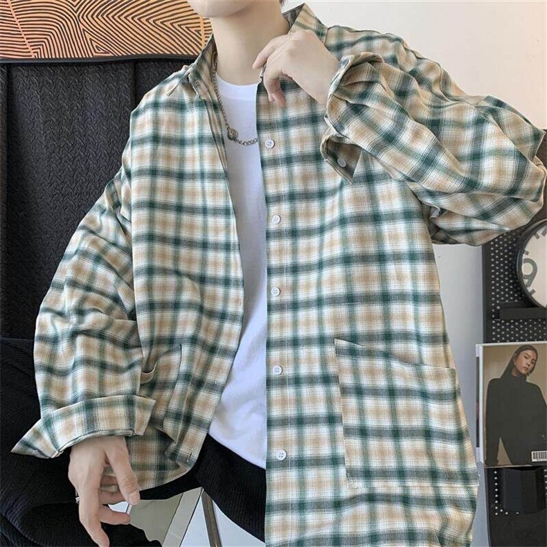春夏长袖衬衫男女潮流宽松格子衬衣潮牌港风休闲上衣H211/P45,男装衬衫,电商A221A