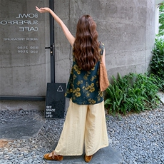 碎花牛仔新中式国风衬衫阔腿裤套装女夏巨好看流行两件套大方得体，女装套装/套裙，浙宝301