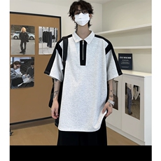 网图半拉链撞色拼接夏季潮男休闲短袖男女同款宽松T恤T2225-P38，男装T恤，星座1213