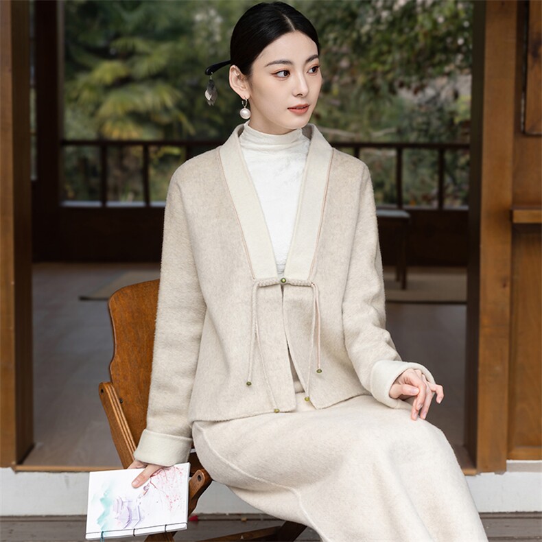 新中式国风改良汉服套装女春秋新款复古气质针织开衫半身裙两件套,女装套装/套裙,芷墨服饰