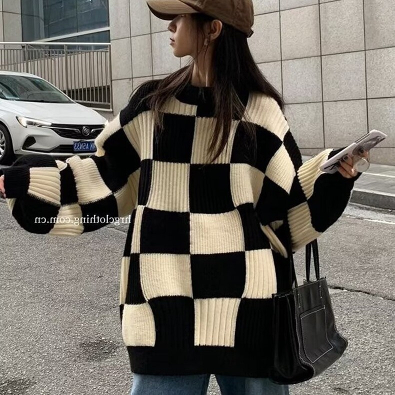 2025年新款设计感小众新年棋盘格毛衣女秋冬季上衣打底衫内搭,男装T恤,星座218-8