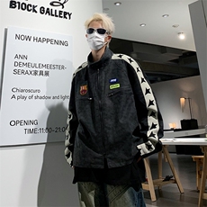 港风秋款男皮夹克条纹五角星机车工装拉链勋章短裤外套JK67P80，男装夹克，星座1013-1