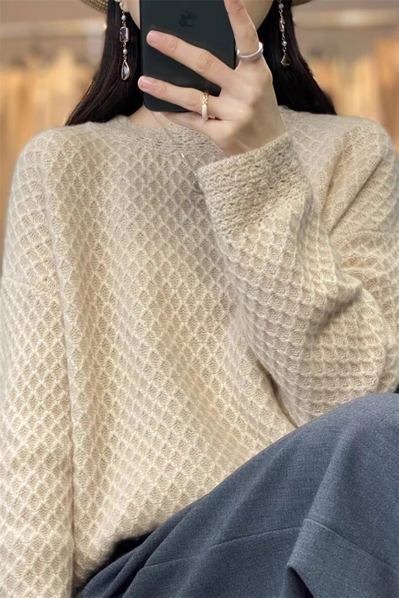 秋冬新款重工钩花圆领羊毛毛衫百搭显瘦保暖女款针织衫,女装羊毛衫,科源羊绒