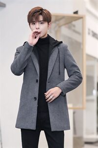 秋冬款呢子大衣男韩版潮流男士风衣修身外套中长款连帽735p160图片