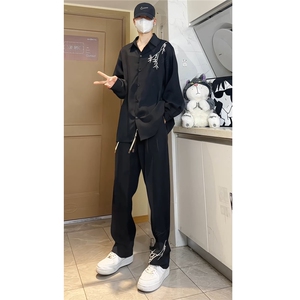 新中式风翻领长袖衬衫秋装复古竹子绣花长裤套装 TZ909-特P70图片